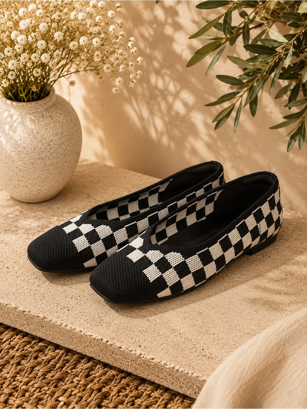VIVAIA Margot 2.0 Square Toe Knit Ballet Flats Checkerboard 7.5 NWOB